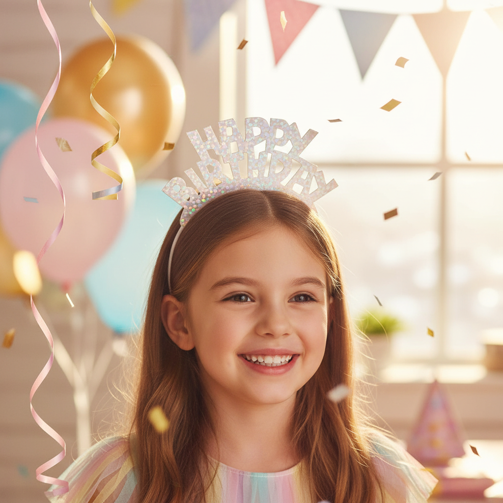 Happy young girl wearing silver prismatic birthday tiara at birthday party celebration