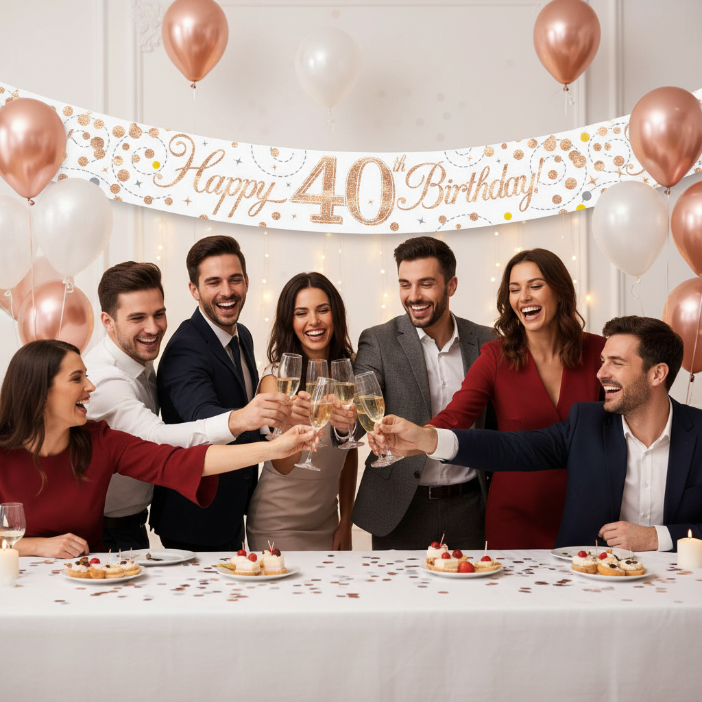 Friends celebrating 40th birthday party with Sparkling Fizz rose gold banner displayed on wall