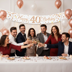 Friends celebrating 40th birthday party with Sparkling Fizz rose gold banner displayed on wall