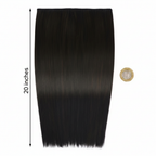 20 inch clip-in hair extension #1B Queen of the Night flat lay beside a £1 coin showing scale and length