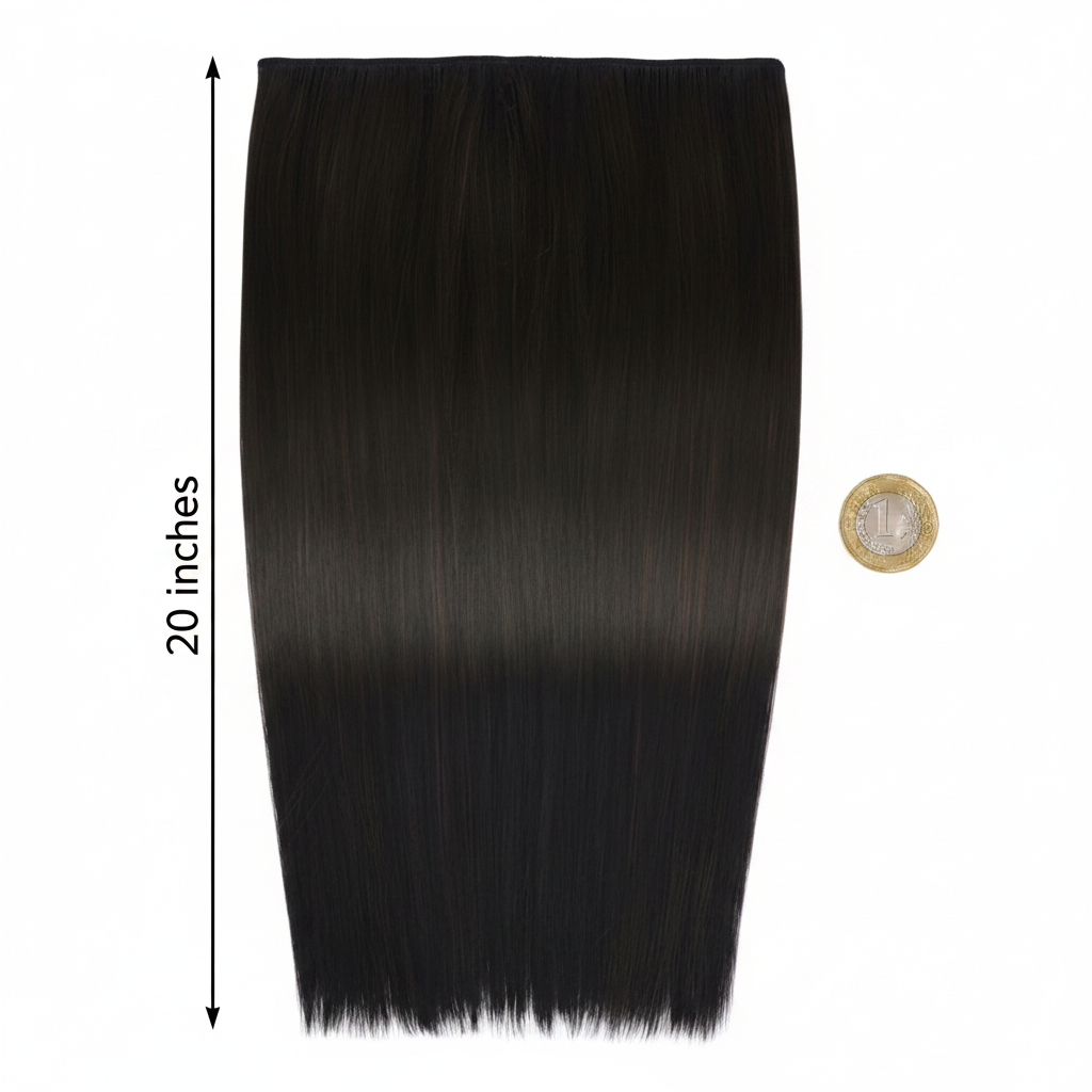 20 inch clip-in hair extension #1B Queen of the Night flat lay beside a £1 coin showing scale and length