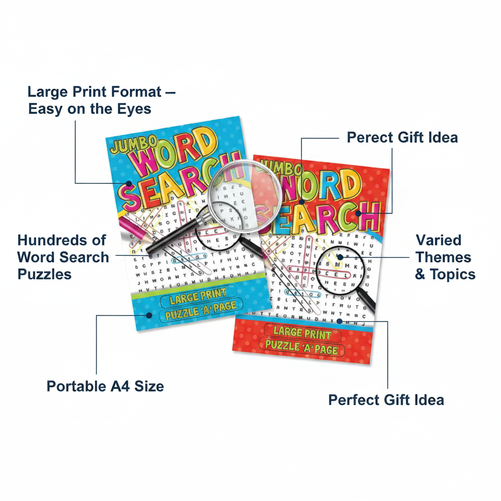 Jumbo Word Search Large Print Book feature infographic highlighting large print format, hundreds of puzzles, varied themes, gift idea and portable size