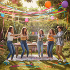 Teenagers spraying silly string at an outdoor garden party