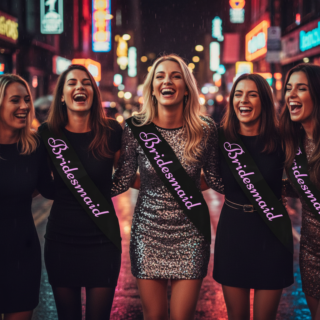 Women on a hen party night out wearing black bridesmaid sashes with pink writing under city neon lights