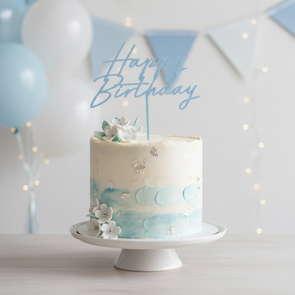 Misty blue acrylic Happy Birthday cake topper inserted into a decorated birthday cake in an elegant celebration setting with soft blue and white tones