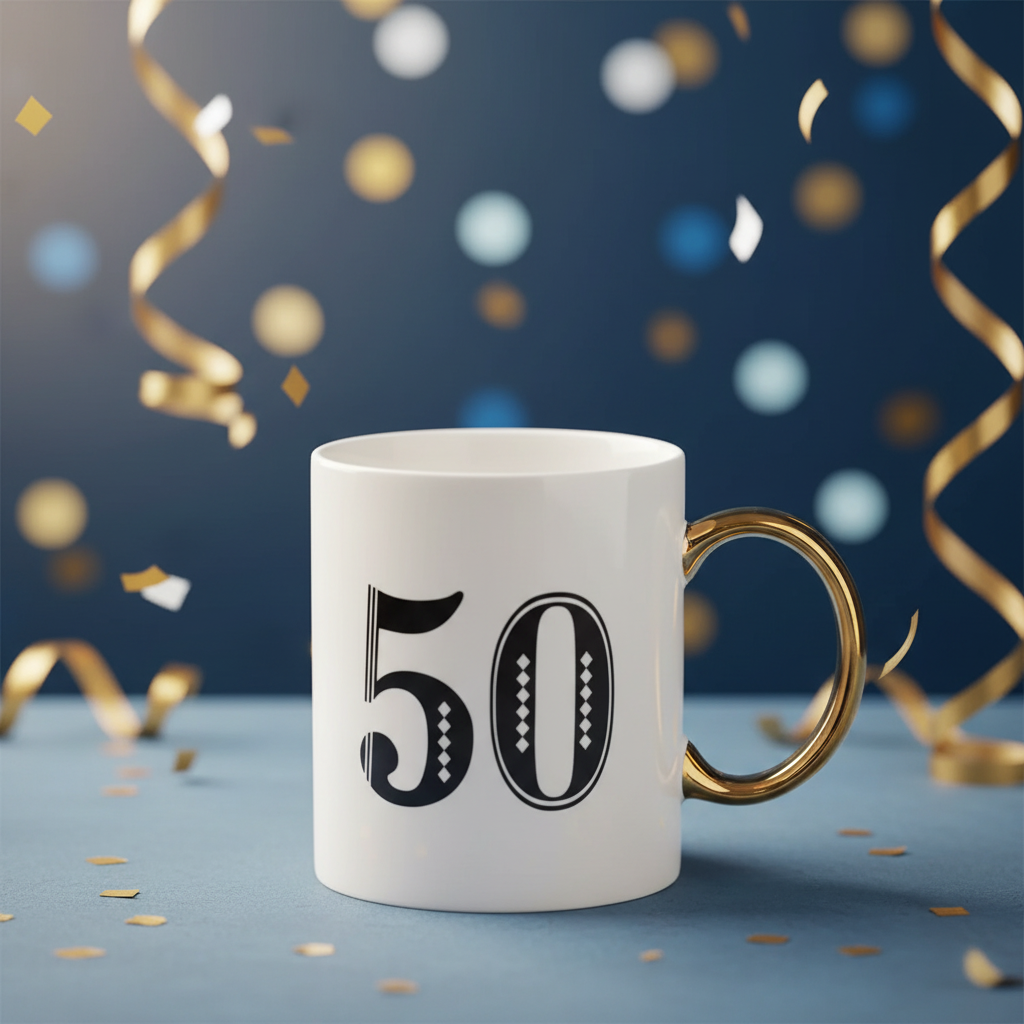 Art Deco 50th birthday gift mug in white blue and gold with elegant geometric design, gift boxed