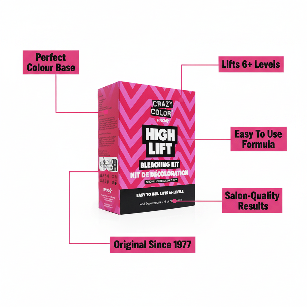 Crazy Color High Lift Bleaching Kit feature infographic highlighting key benefits: Lifts 6+ Levels, Easy To Use Formula, Salon-Quality Results, Perfect Colour Base, Original Since 1977
