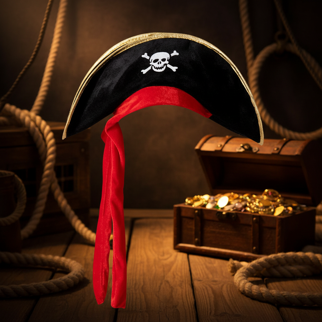Adults black pirate hat with red bandana on wooden ship deck with nautical background - premium costume accessory
