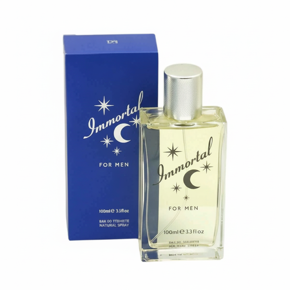 D&M Fragrances Immortal For Men 100ml EDT Spray — royal cobalt blue gift box beside clear glass bottle with silver chrome cap and pale golden liquid, pure white background hero shot