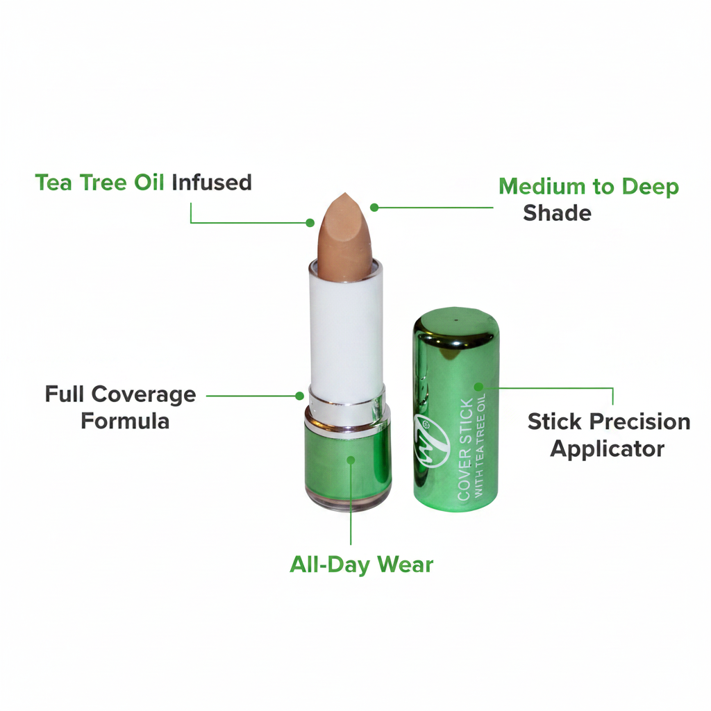 W7 Tea Tree Concealer Stick premium feature infographic with callout labels: Tea Tree Oil Infused, Full Coverage Formula, Medium to Deep Shade, Stick Precision Applicator, All-Day Wear