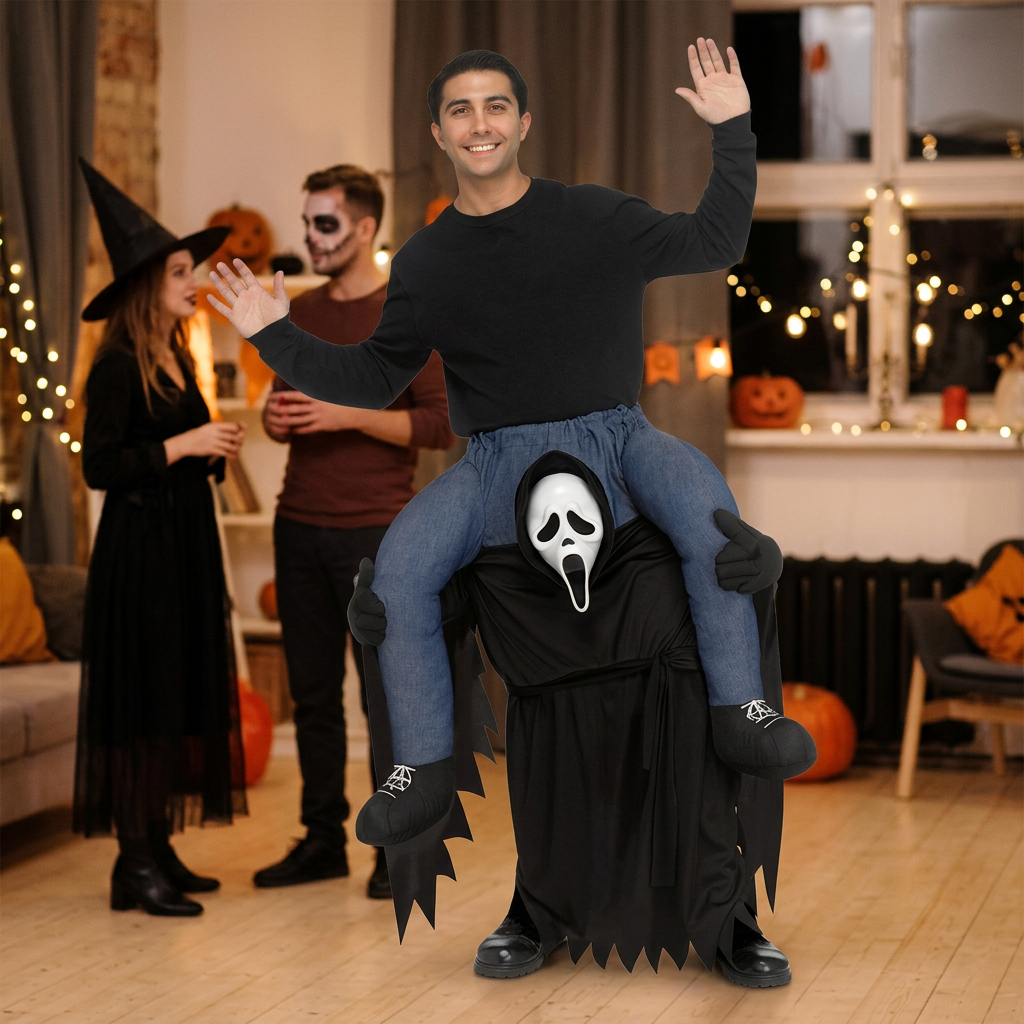 Smiling adult waving while wearing Ghost Face carry-me costume at a Halloween gathering