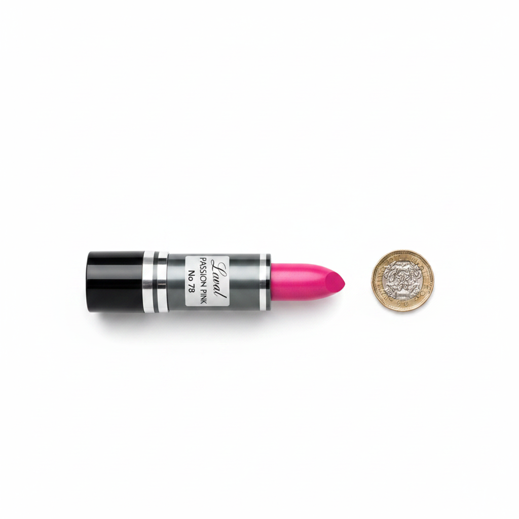 Laval Lipstick Passion Pink 78 beside a £1 coin on white background showing product size
