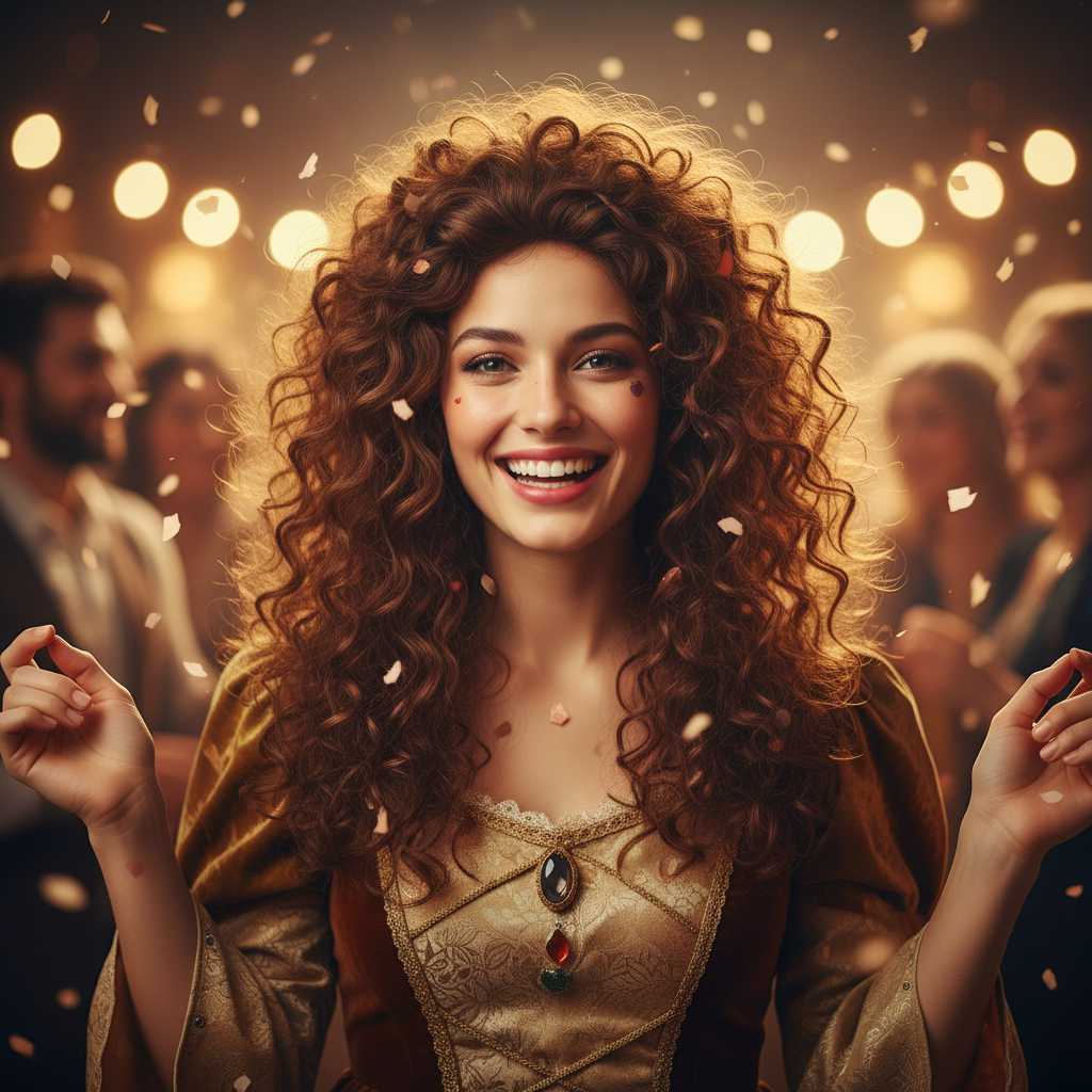 Woman laughing while wearing long curly brown wig getting ready for fancy dress party