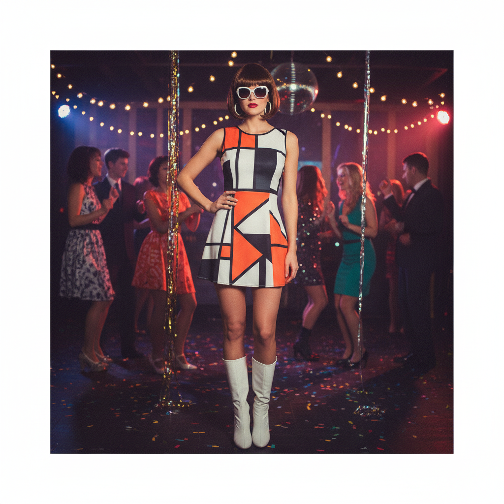 Woman wearing sleek rich brown bob wig as part of a complete 60s mod diva fancy dress costume
