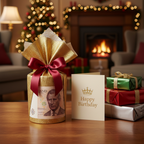 King Charles III money saving tin gift wrapped with ribbon bow next to birthday card and presents