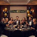 Stylish guests celebrating 40th birthday party with Sparkling Fizz black and gold banner