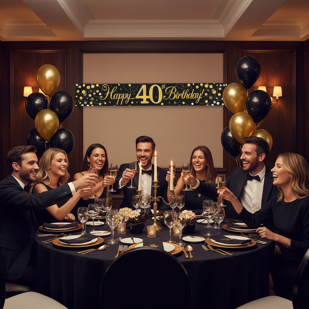 Stylish guests celebrating 40th birthday party with Sparkling Fizz black and gold banner