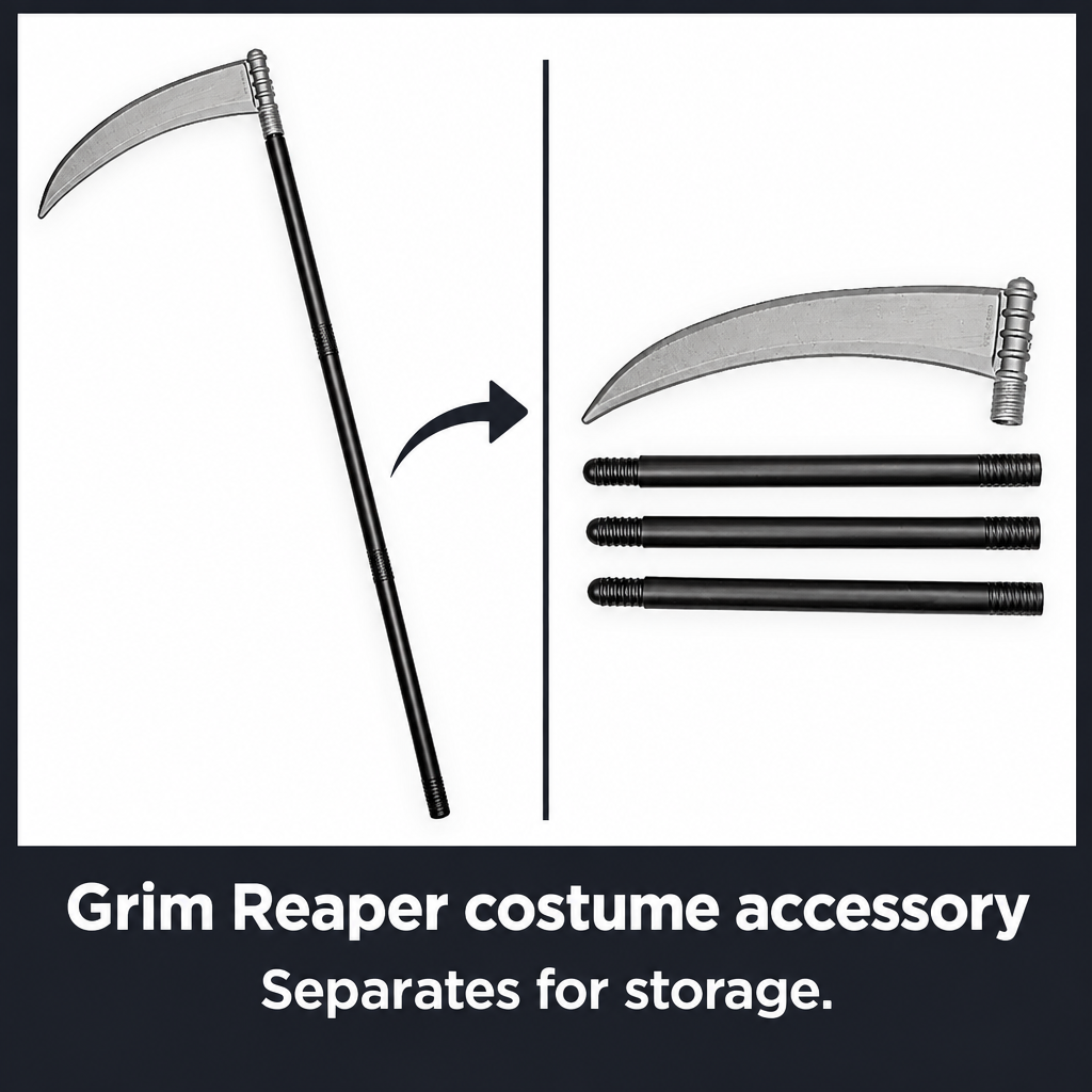 Grim Reaper scythe shown assembled beside its separated blade and three shaft sections