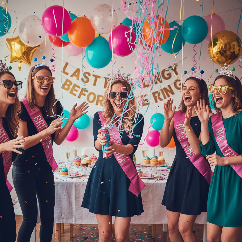 Women at a hen party spraying silly string and laughing