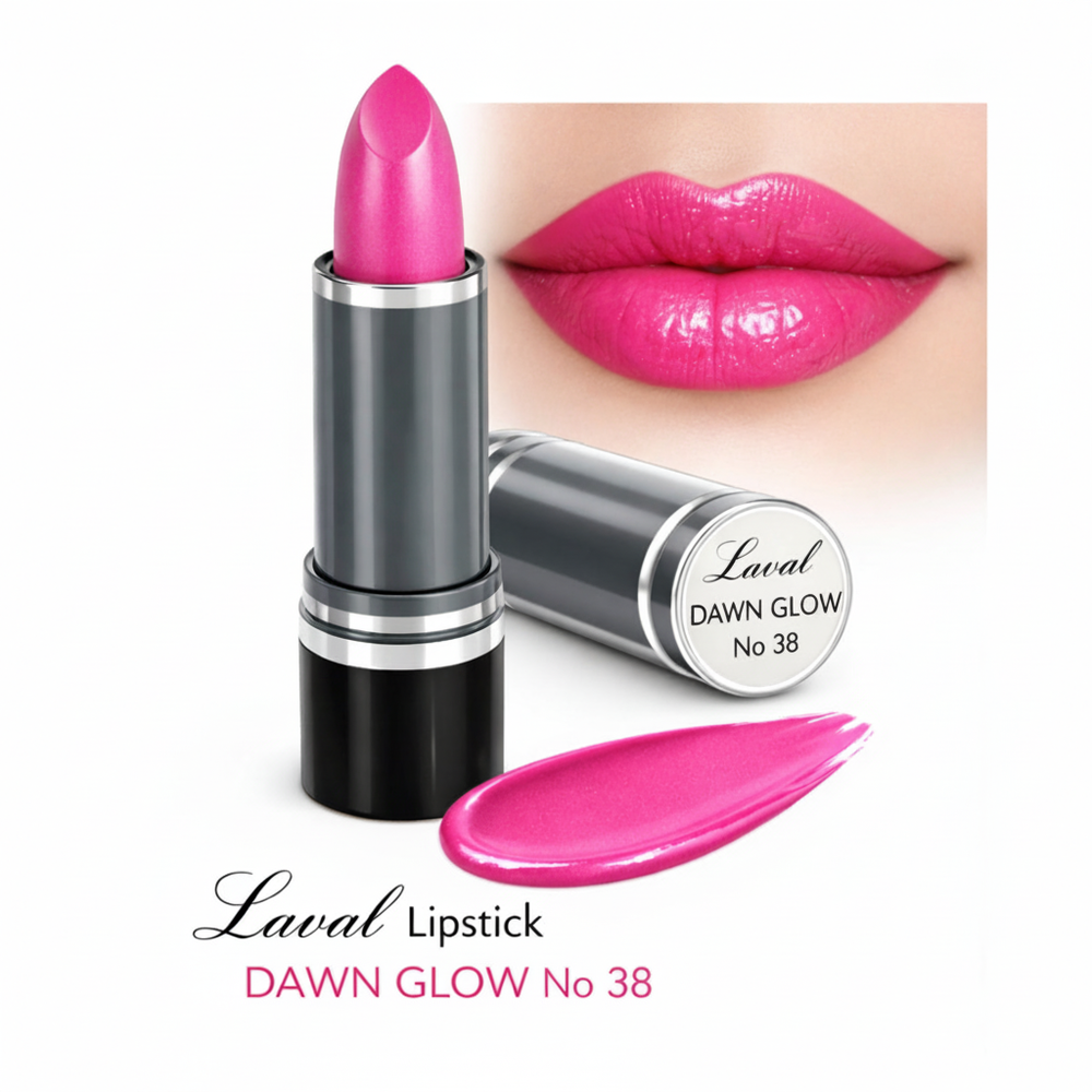 Laval Pink Lipstick Dawn Glow 38 matte black tube on pure white background, studio hero shot