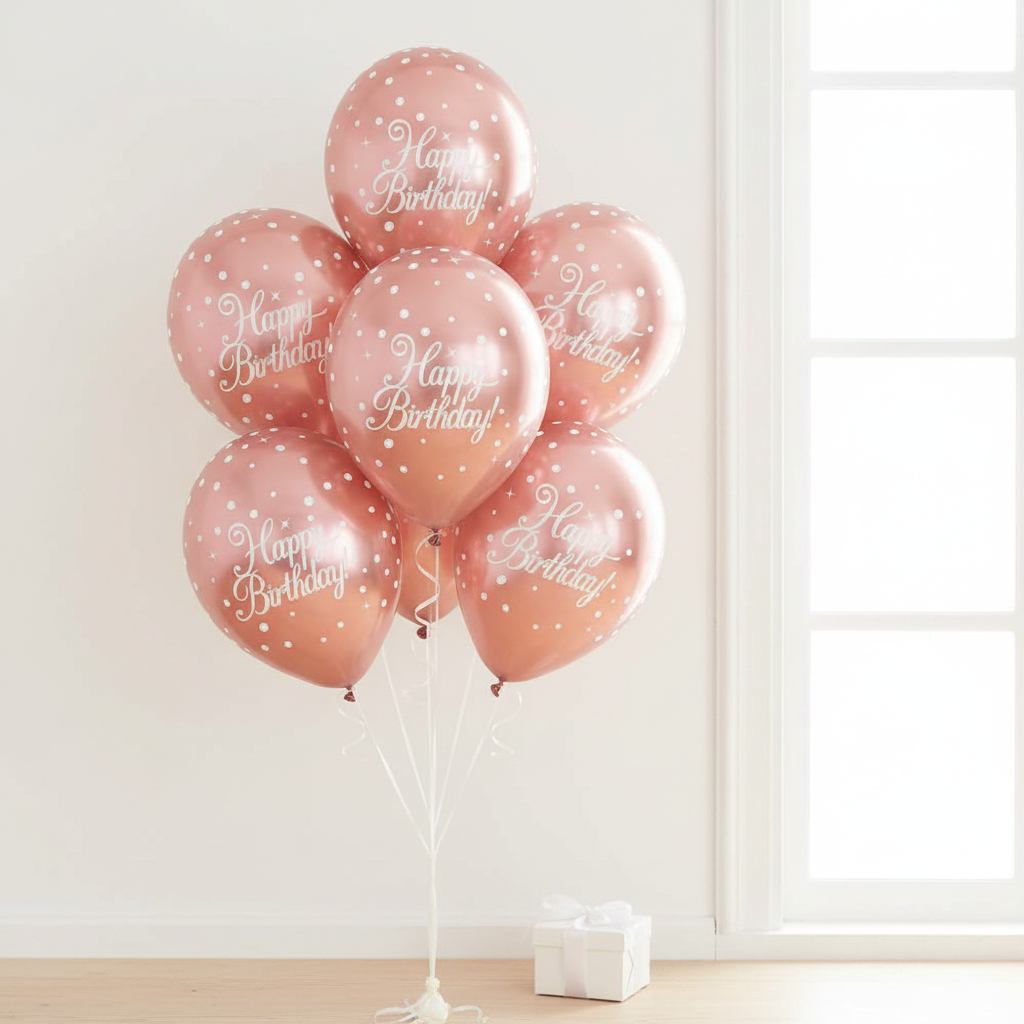 Rose gold chrome Happy Birthday balloon bouquet in natural window light beside white gift box - elegant party decoration