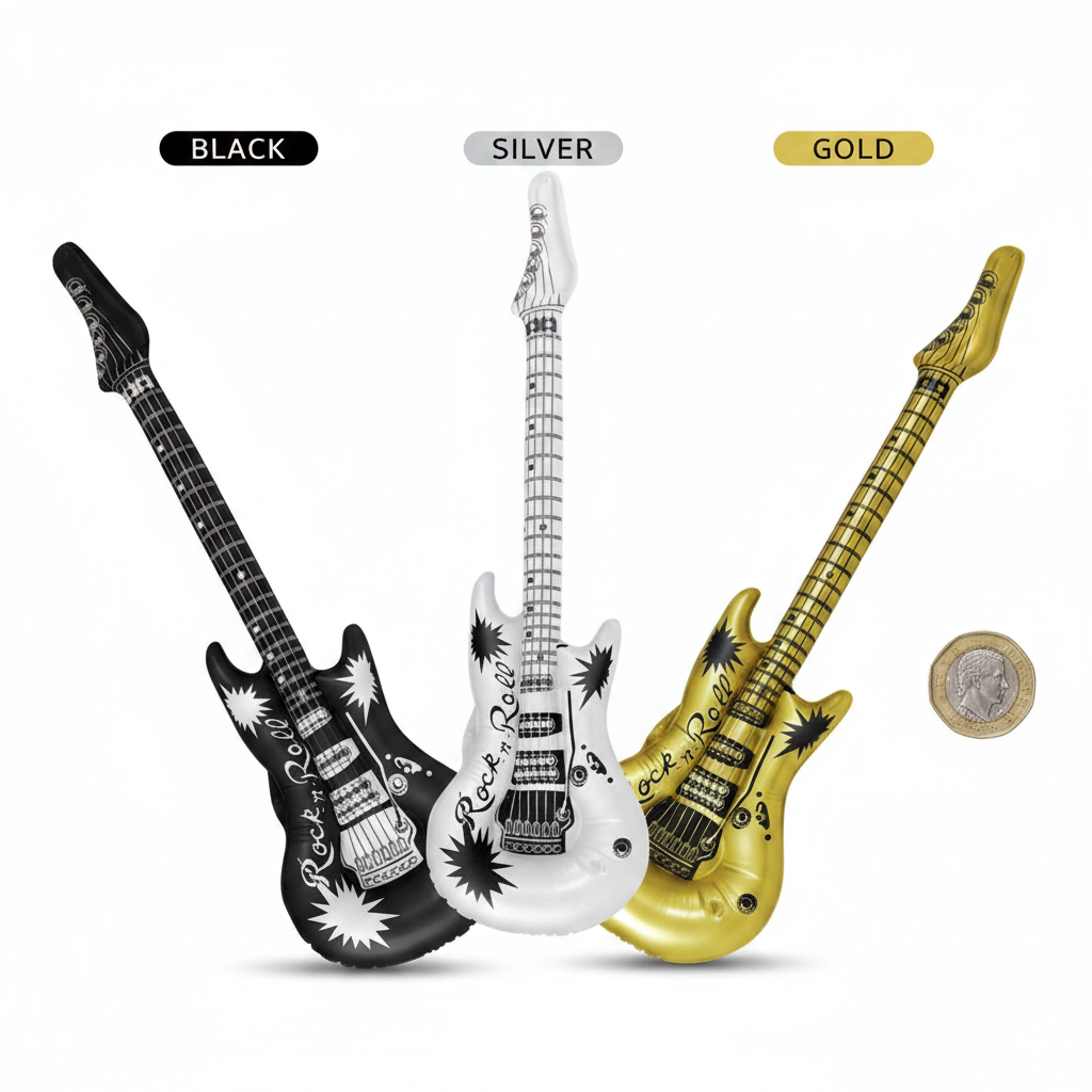 Flat lay of all 4 metallic inflatable rock n roll guitars in black, white, silver and gold with £1 coin for scale