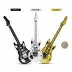 Flat lay of all 4 metallic inflatable rock n roll guitars in black, white, silver and gold with £1 coin for scale