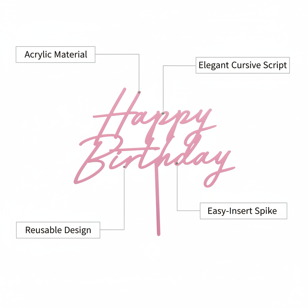 Light pink acrylic Happy Birthday cake topper feature infographic showing callouts for acrylic material, cursive script design, easy-insert spike and reusable construction