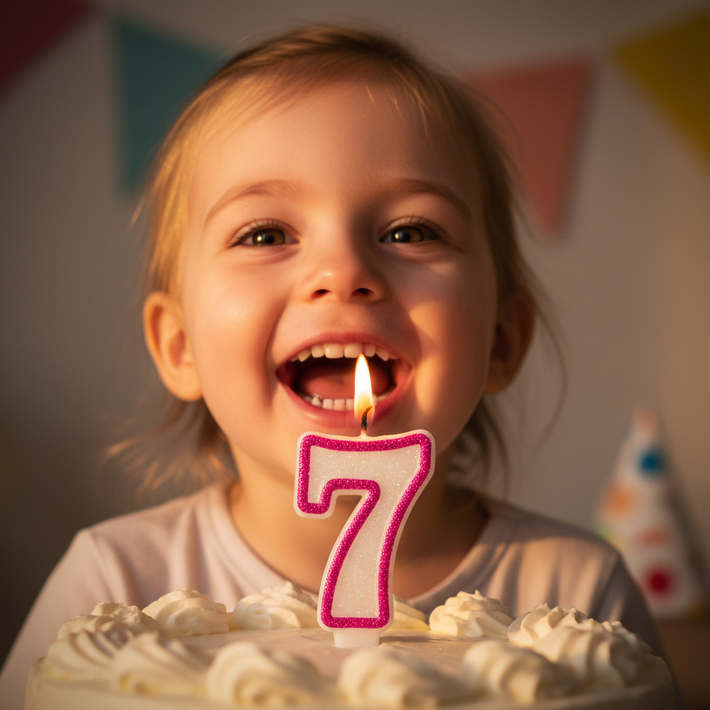 Child's joyful face illuminated by the warm glow of a lit number 7 birthday candle with pink glitter border on birthday cake