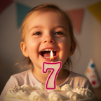 Child's joyful face illuminated by the warm glow of a lit number 7 birthday candle with pink glitter border on birthday cake