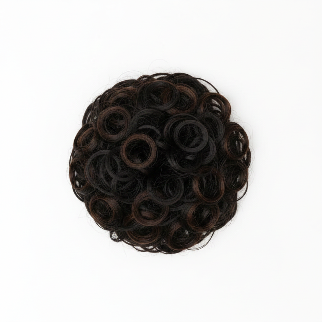 Heat resistant curly messy hair bun in dark brown 1B Queen of the Night shade on pure white background, Amazon and eBay compliant hero shot