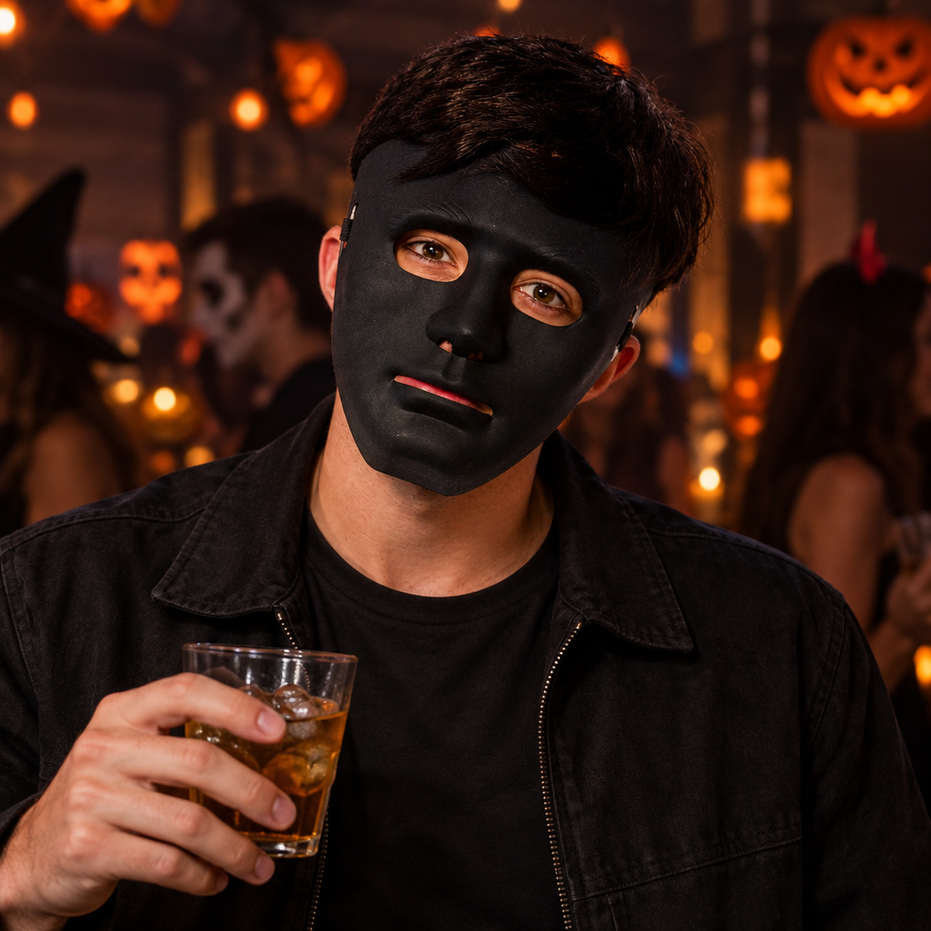Adult in dark clothing wearing the black robot mask at a Halloween party, holding a drink