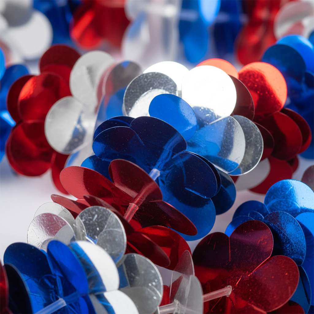 Extreme macro close-up of metallic red, white and blue Hawaiian lei foil shimmer petals catching studio light