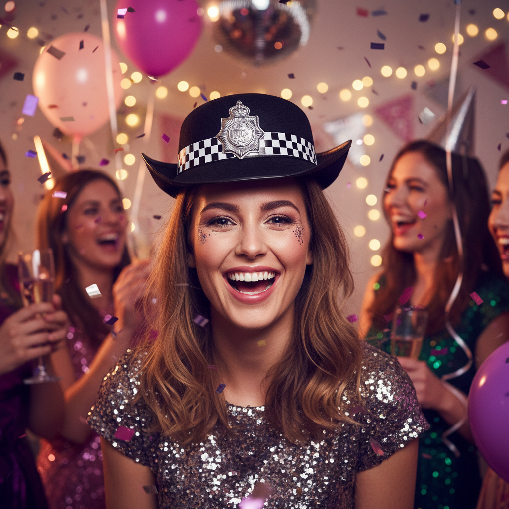 WPC policewoman fancy dress hat in black and white - professional product shot showing classic structured design