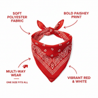 Red and white paisley bandana feature infographic with callout labels on white background