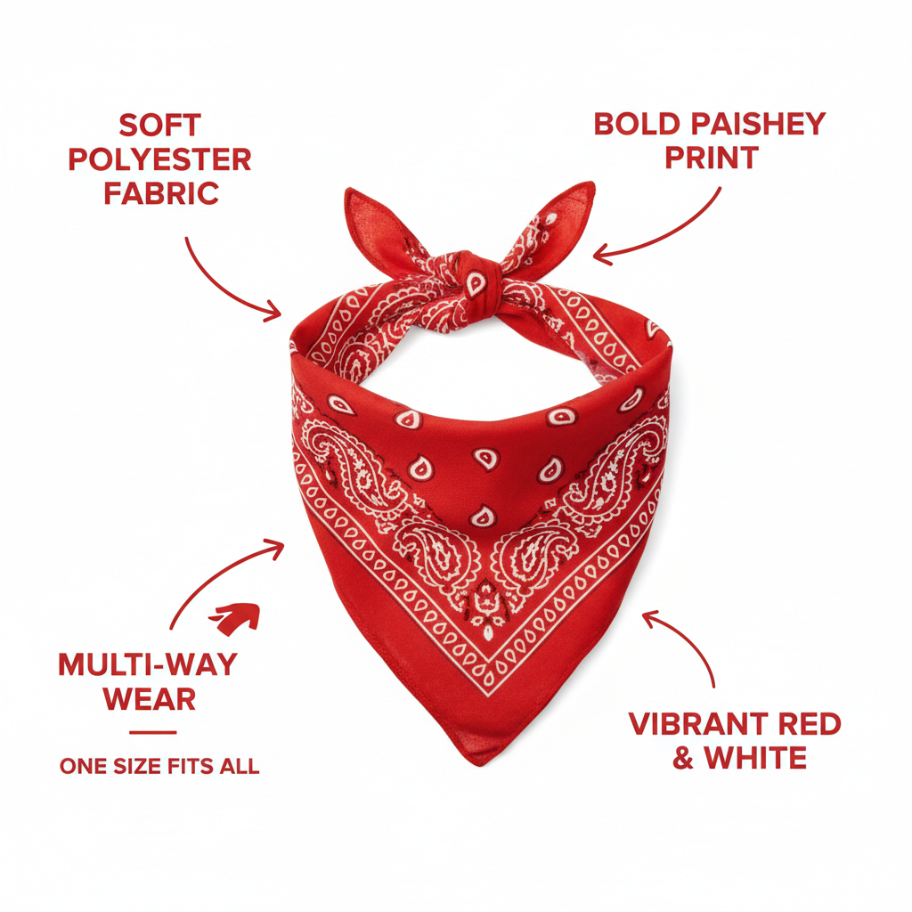 Red and white paisley bandana feature infographic with callout labels on white background