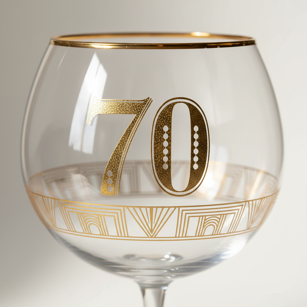 Extreme macro close-up of gold Art Deco etching and 70 numeral detail on gin glass
