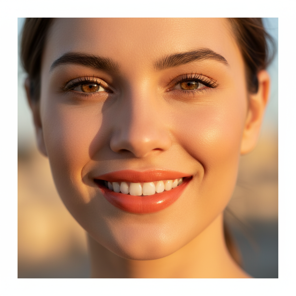 Woman with boldly applied Laval Honey Bun 34 vibrant orange lips smiling with confidence