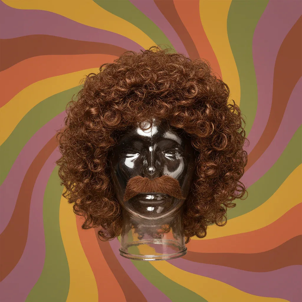 Wicked Costumes Men's Brown Perm Wig with Moustache - 70s Disco Style - Why Not Shop