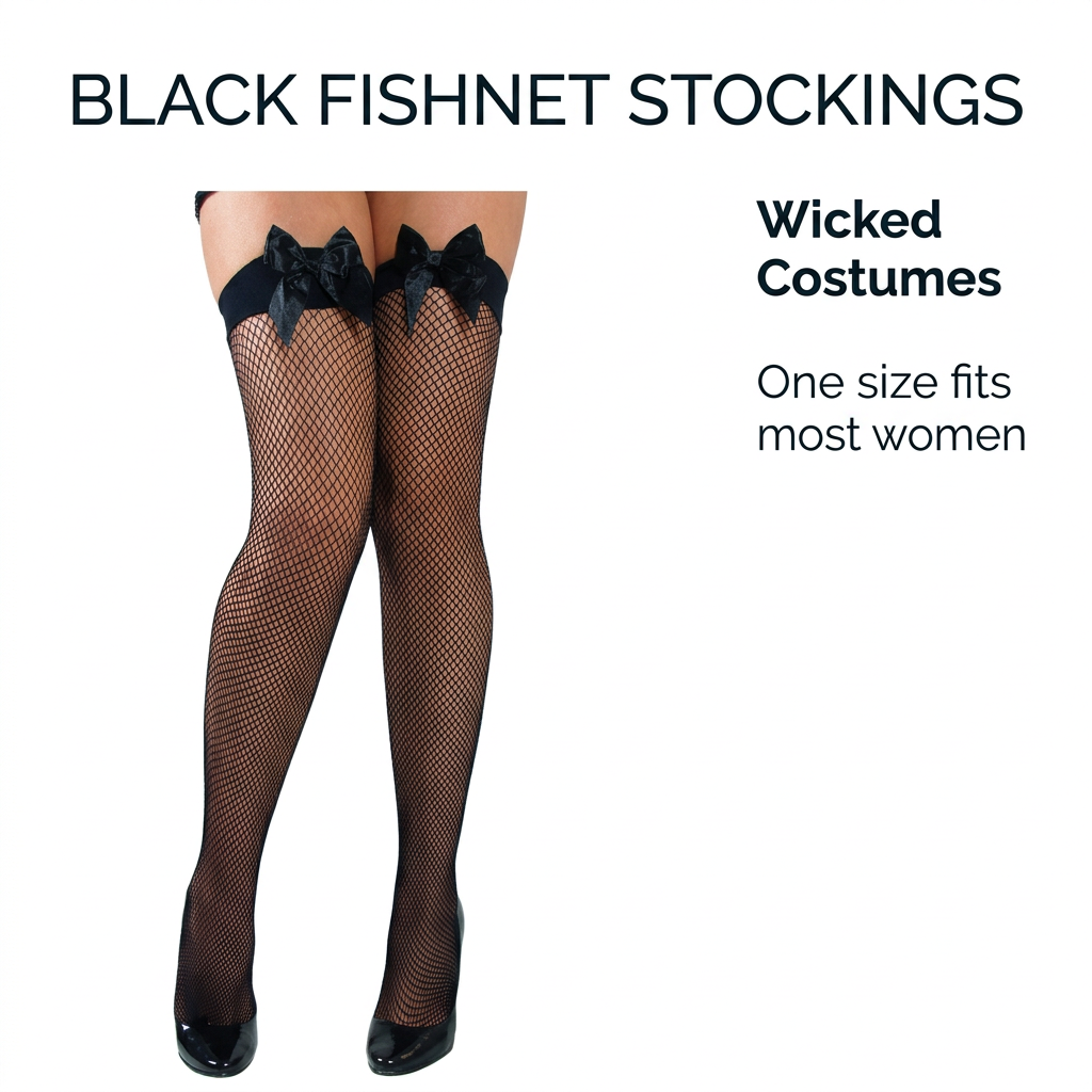 Black fishnet over-the-knee stockings with bow garters, shown on a model's legs against a white background with promotional text.
