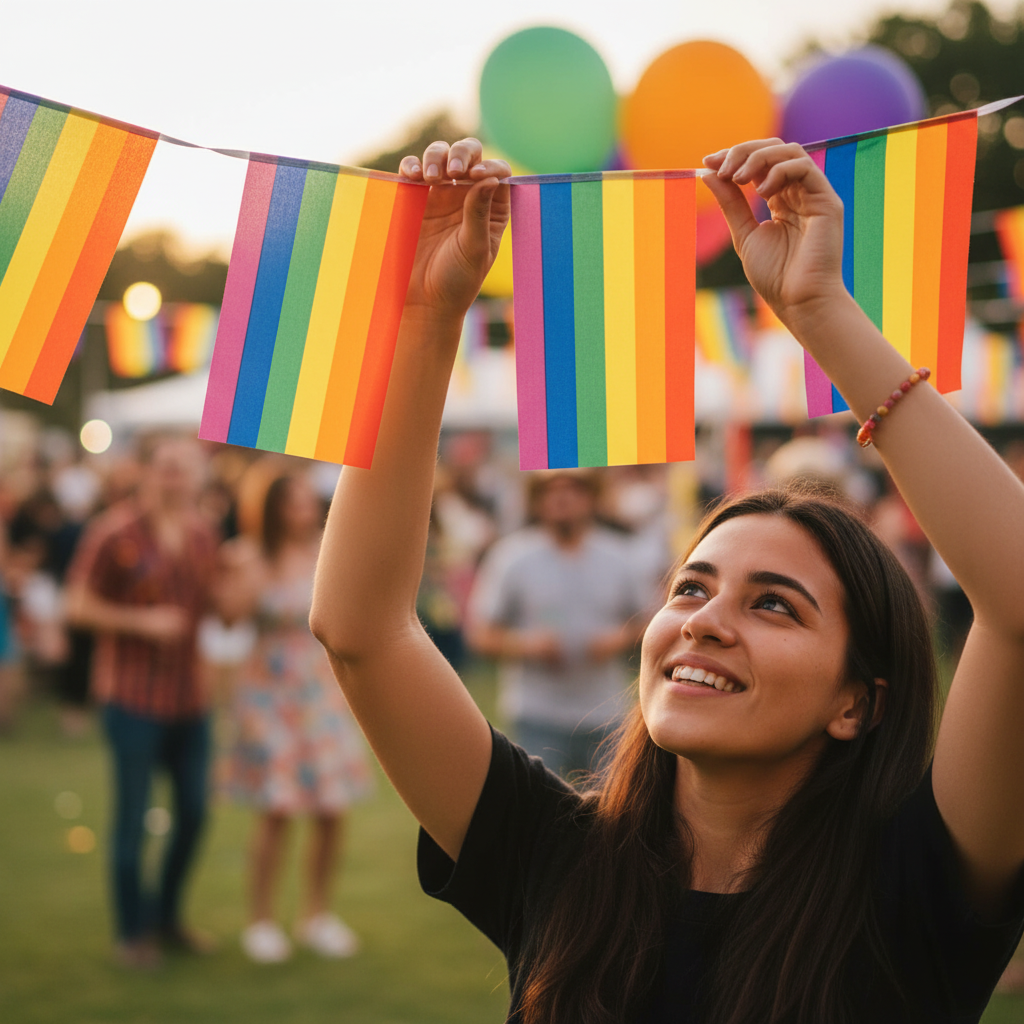 Person hanging Gay Pride rainbow flag bunting at party venue, candid lifestyle shot with bokeh background