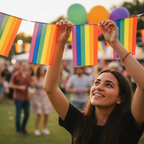 Person hanging Gay Pride rainbow flag bunting at party venue, candid lifestyle shot with bokeh background