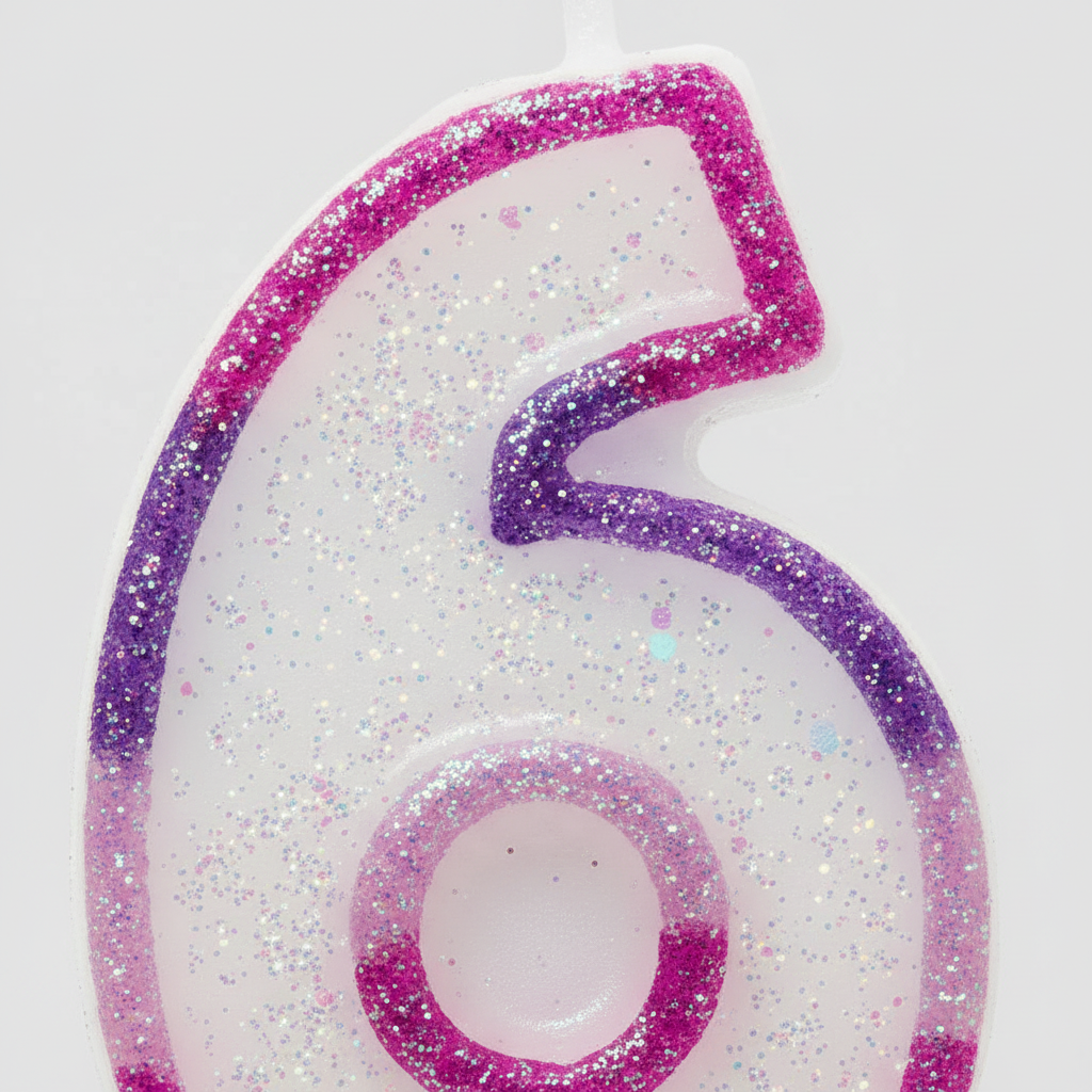 Extreme macro close-up of pink glitter number 6 candle showing pearlescent iridescent glitter texture, hot pink border and purple outline detail