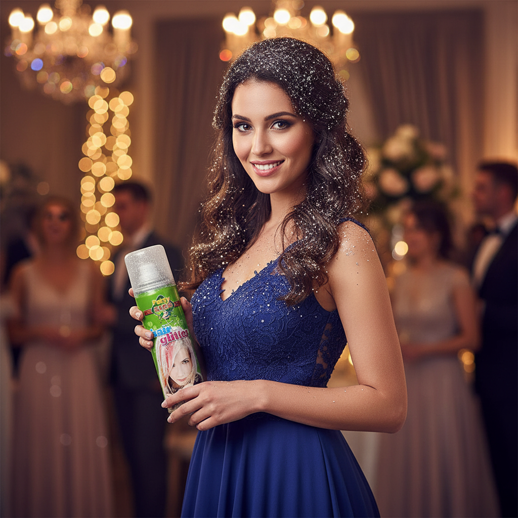 Woman with elegant hairstyle featuring silver glitter at wedding using Party Success Silver Glitter Hairspray