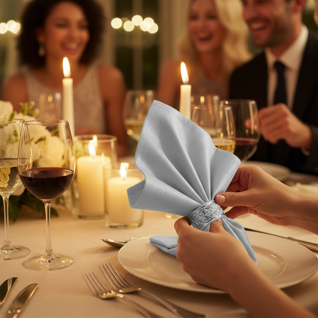 Silver napkins folded in napkin rings at a luxurious candlelit adult dinner party