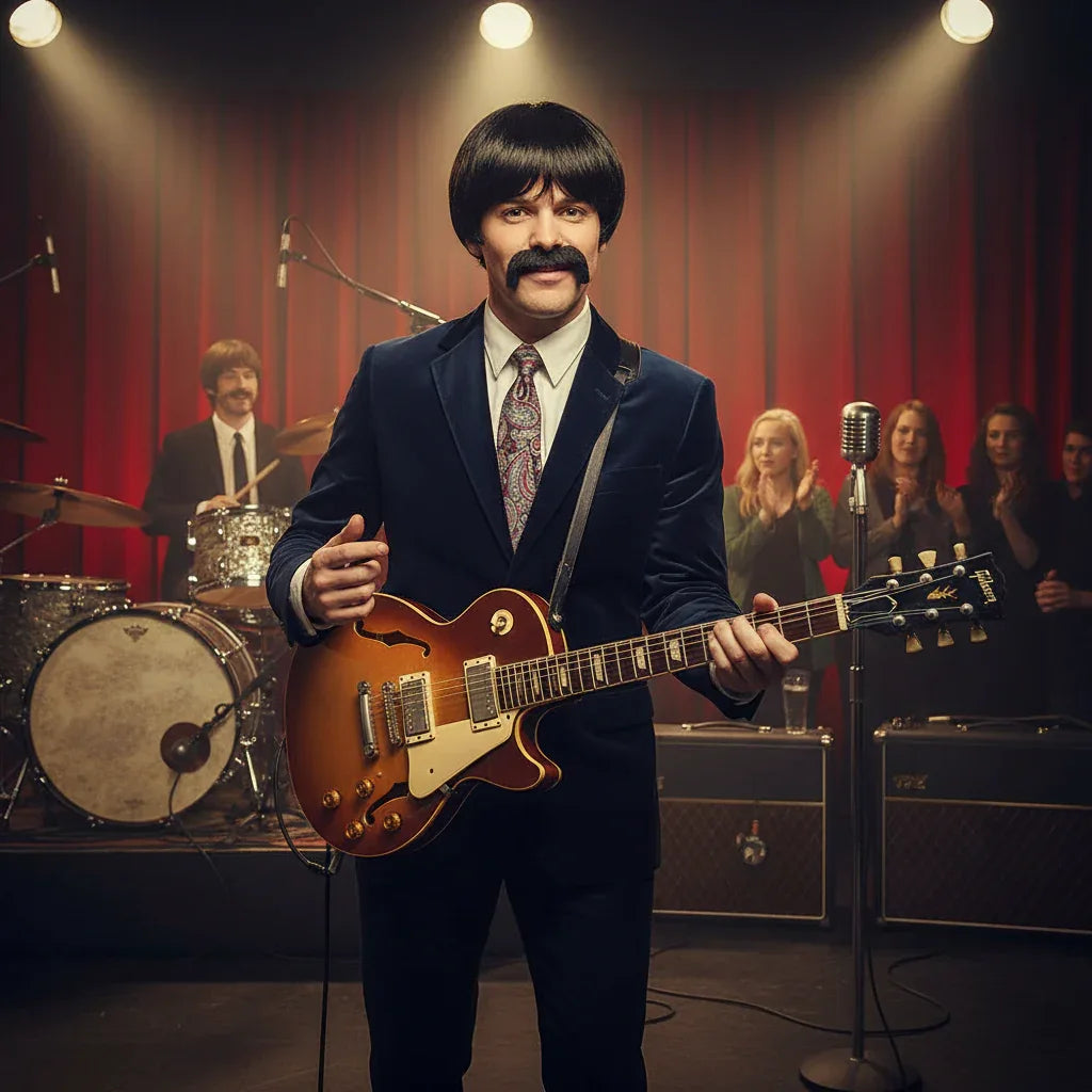 Wicked Costumes 1960s Pop Icon Wig & Moustache - Men's Black Fancy Dress - Why Not Shop