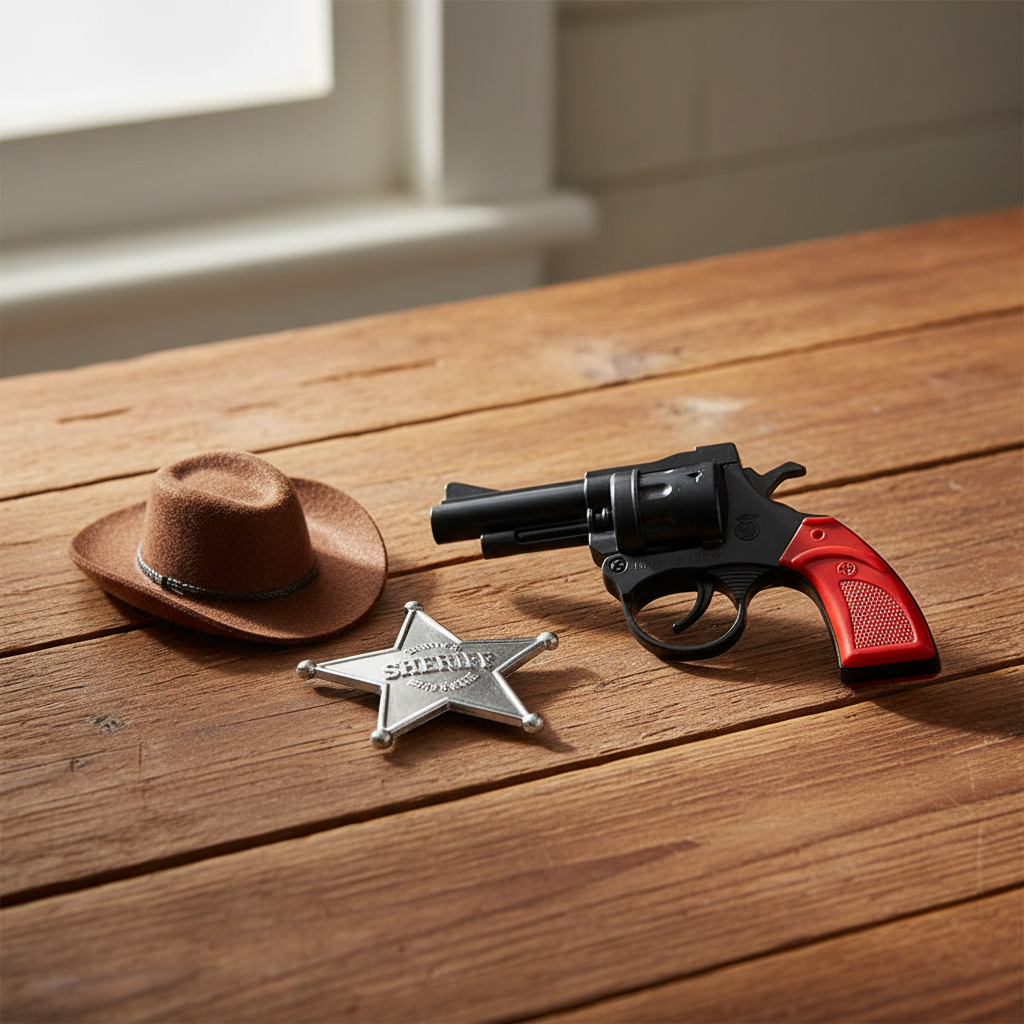 8-Shot Toy Cap Gun Play Set on rustic wood with cowboy hat and sheriff badge