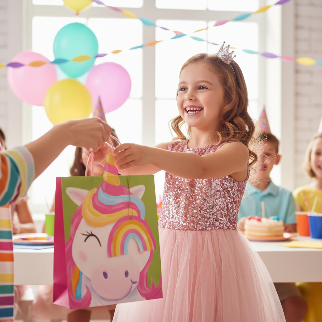 Happy young girl receiving a kids unicorn gift bag at a birthday party