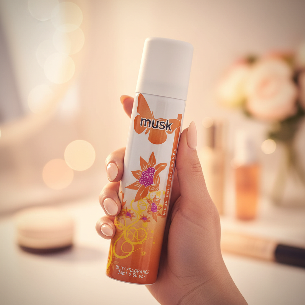 Woman holding Insette Ladies Body Spray Musk 75ml in warm golden hour light, feminine confidence lifestyle shot