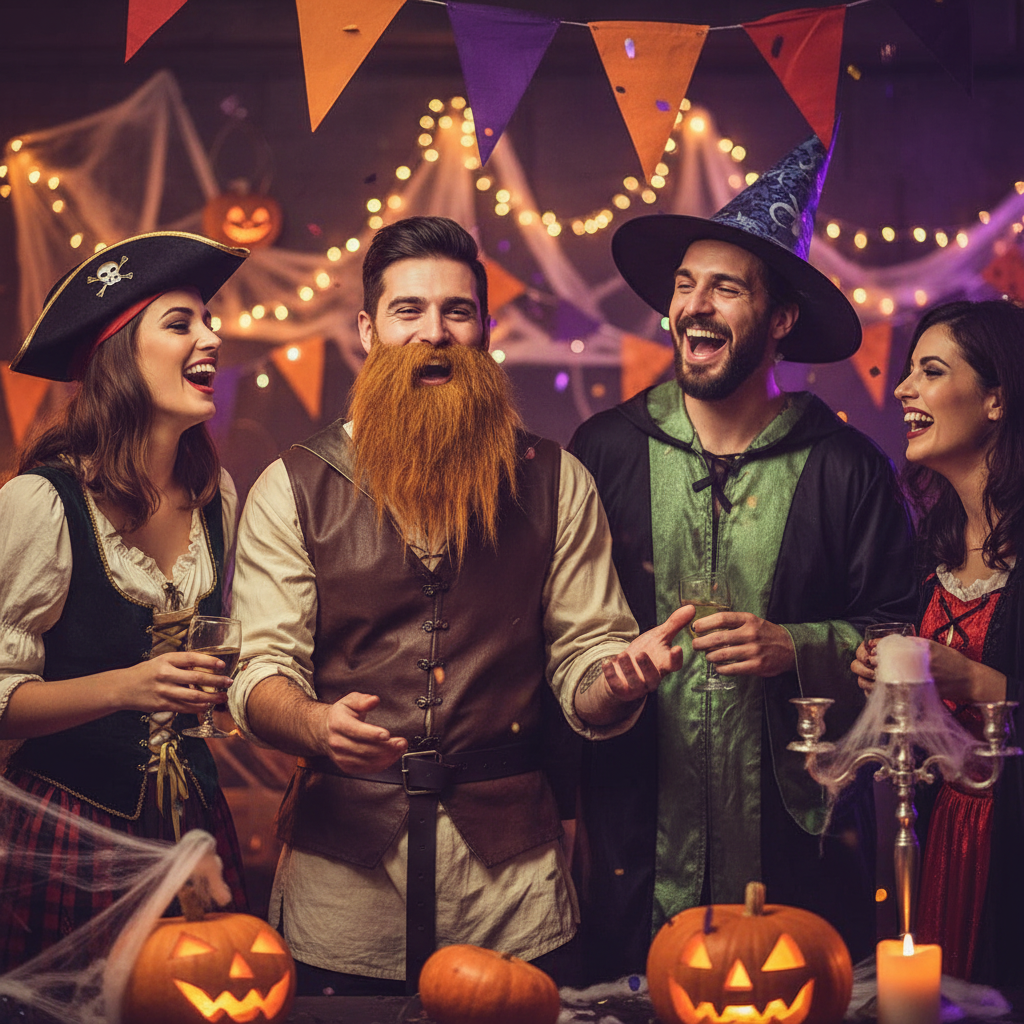 Happy man wearing brown fancy dress beard enjoying themed party with friends